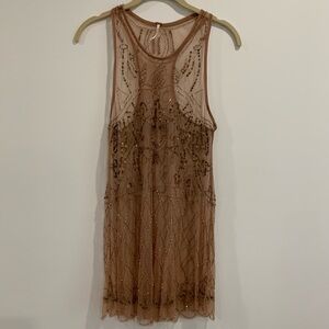 Free People Sheer Pink Rose Gold Beaded Sequin Dress S